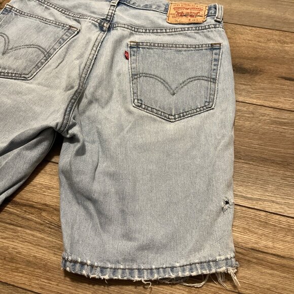 Levis 505 Regular Fit Denim Jeans Shorts 33x9 Blue Distressed Destroyed Jorts - Picture 10 of 12